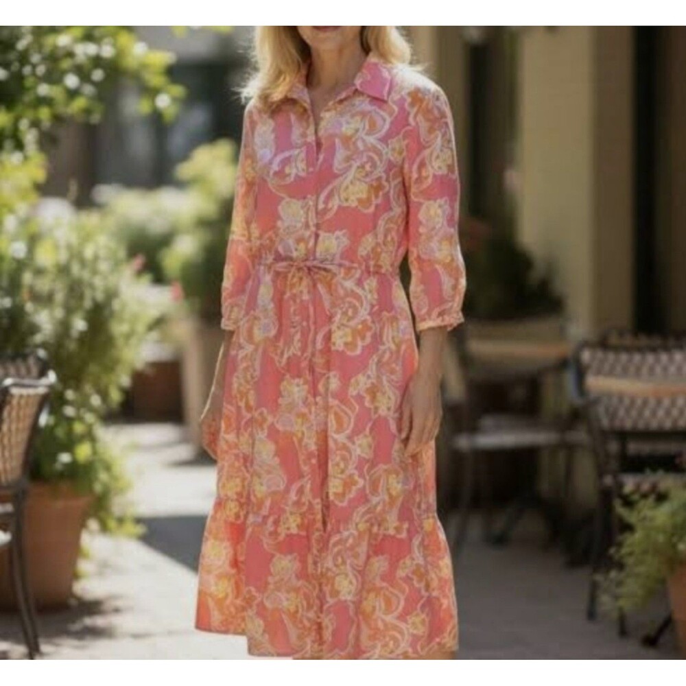 J. McLaughlin linen blend 3/4 sleeve floral midi dress S‎ vacation resort wear